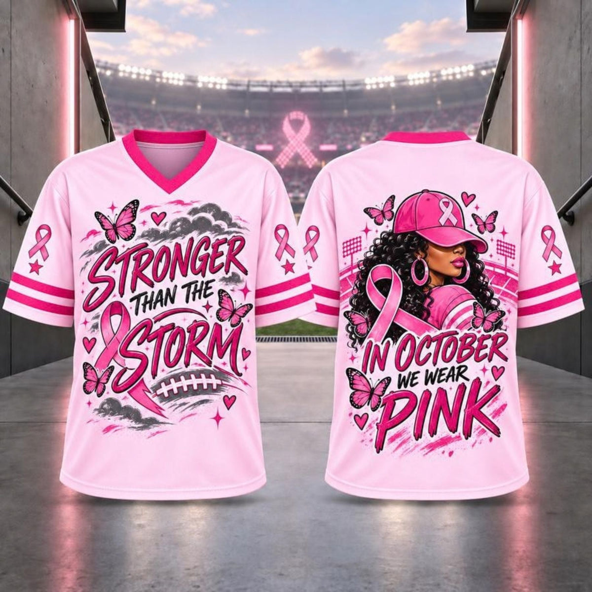 Pink Ribbon Breast Cancer Awareness V-Neck Football T-Shirt – Hope & Support Athletic Graphic Tee