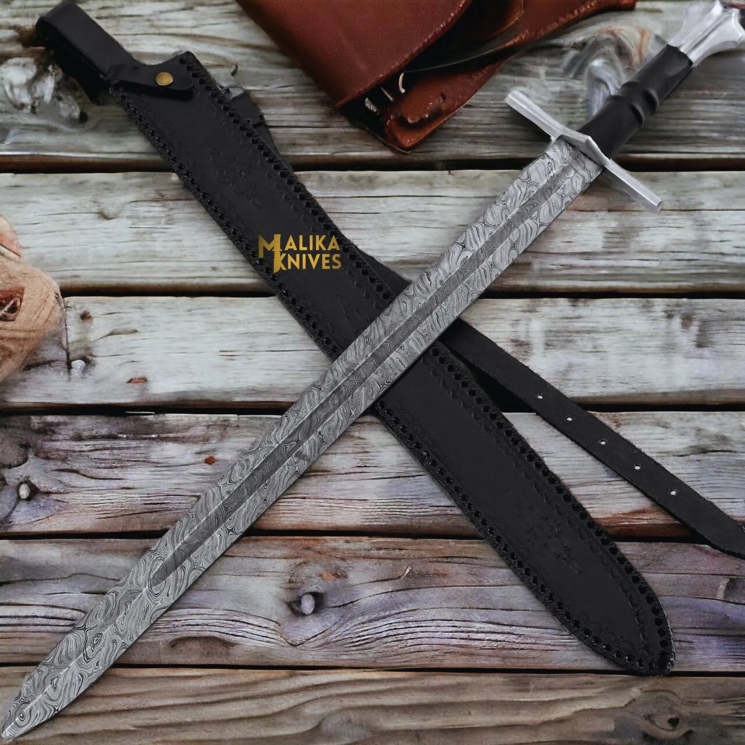 Handmade Medieval Damascus Arming Templar Knight Sword with Leather sheath-901