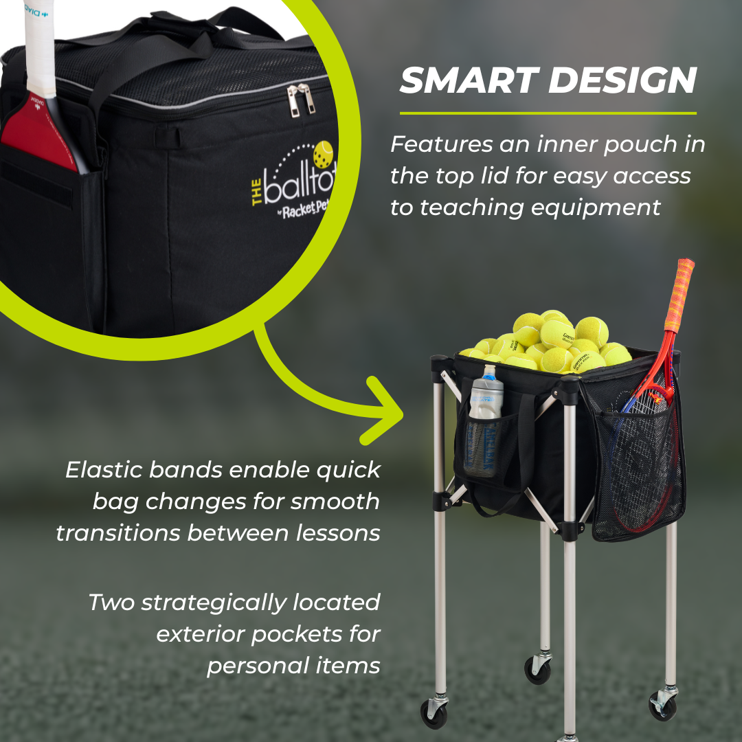 Ball Tote & Cart - Portable Teaching Cart with Black Ball Tote Bag for Tennis and Pickleball Pros