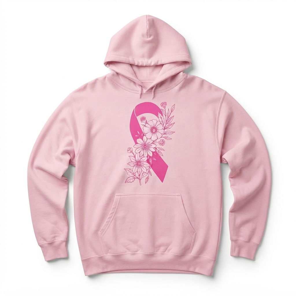 Breast Cancer Ribbon with Flowers Pullover Hoodie – Floral Breast Cancer Awareness Graphic Sweatshirt, Floral Pink Ribbon Support Pullover, Unisex Heavy Blend