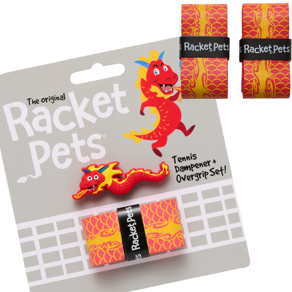 Value Pack - A Red Dragon Racket Pet Tennis Dampener and Overgrip Tape with a (Pack of 2) Replacement Overgrip Tape