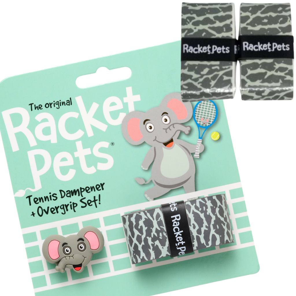 VALUE PACK - A Gray Elephant Racket Pet Tennis Dampener and Overgrip Tape with a (Pack of 2) Replacement Overgrip Tape
