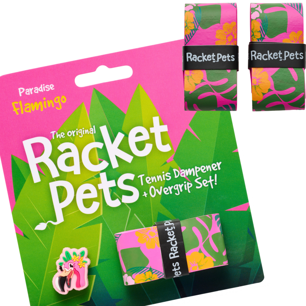 VALUE PACK - A Pink Flamingo Racket Pet Tennis Dampener and Pink Overgrip Tape with a (Pack of 2) Replacement Overgrip Tape