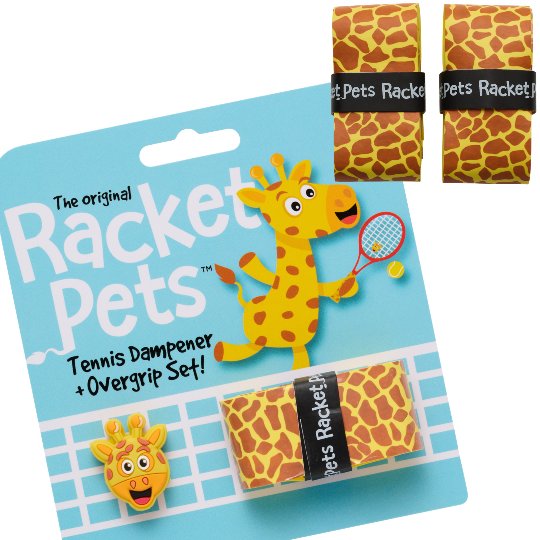 VALUE PACK - A Yellow Giraffe Racket Pet Tennis Dampener and Overgrip Tape with a (Pack of 2) Replacement Overgrip Tape