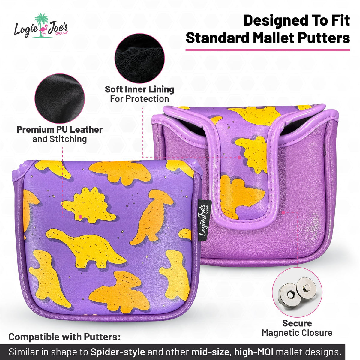Dino Nugget Mallet Putter Headcover | Magnetic Golf Head Cover | Premium Synthetic Leather | Fits Standard Mallet Putters