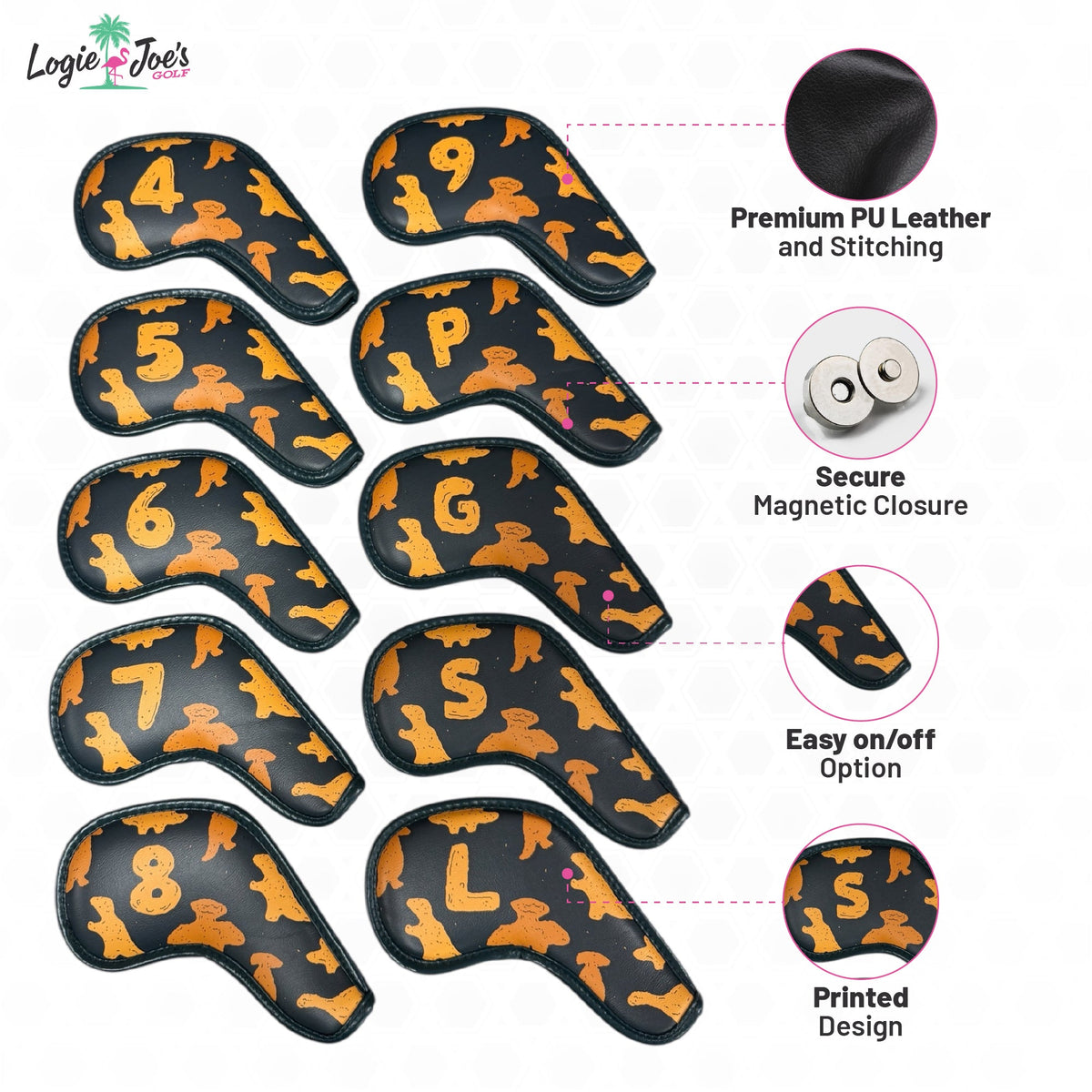 Dino Nugget Iron Covers Set | Magnetic Closure | 10-Piece Iron Headcover Set (4–9, P, G, S, L) | Premium PU Leather