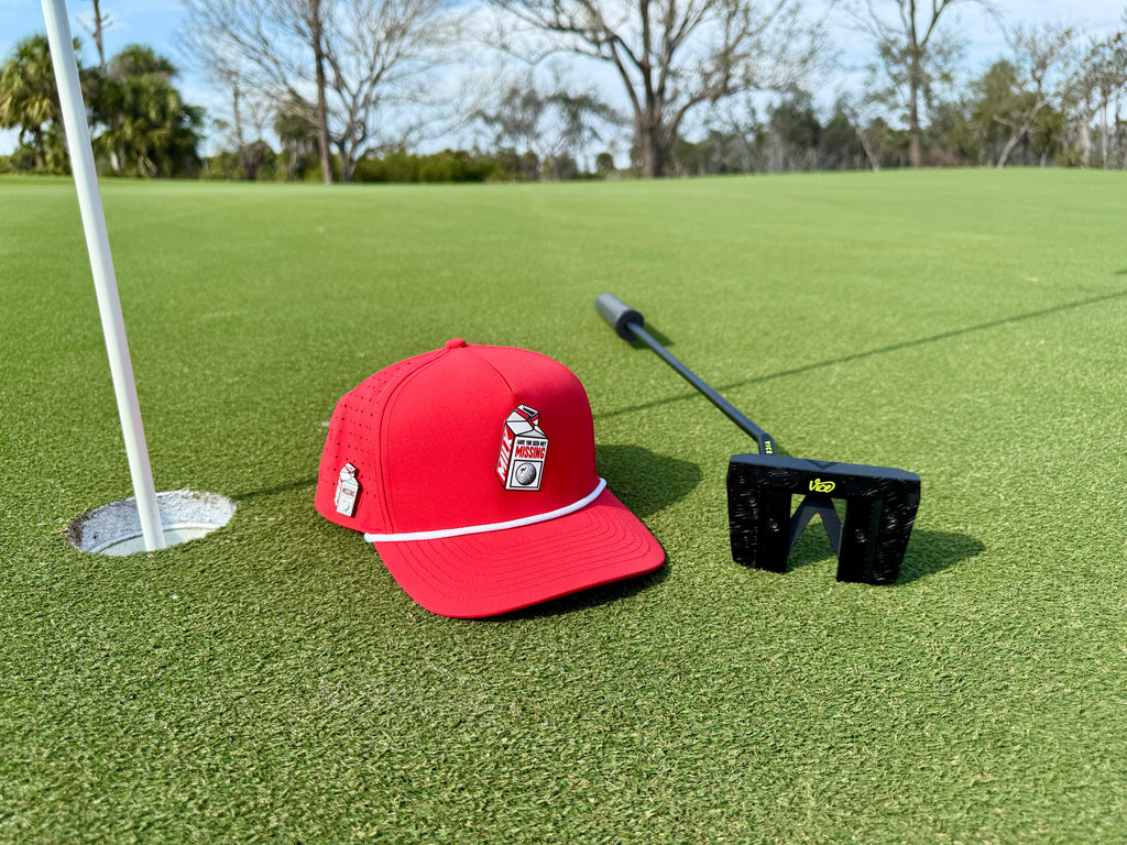 Missing Milk Golf Hat | Snapback Cap | Built-in Magnetic Ball Marker Holder + Marker Included | Missing Golf Ball | Adjustable Red