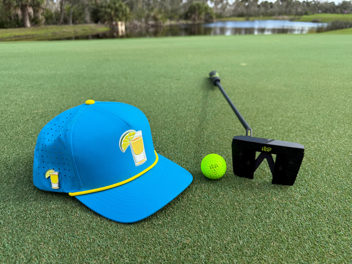 Tequila and Lime Golf Hat | Snapback Cap | Built-in Magnetic Ball Marker Holder + Marker Included | Adjustable | Shot Glass