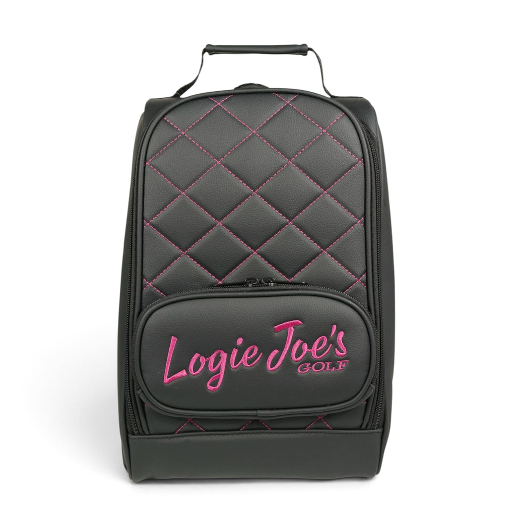 Black/Pink Golf Shoe Bag | Premium PU Leather Golf Shoe Organizer | Quilted Travel Shoe Case with Accessory Pocket, Carry Handle & Ventilation