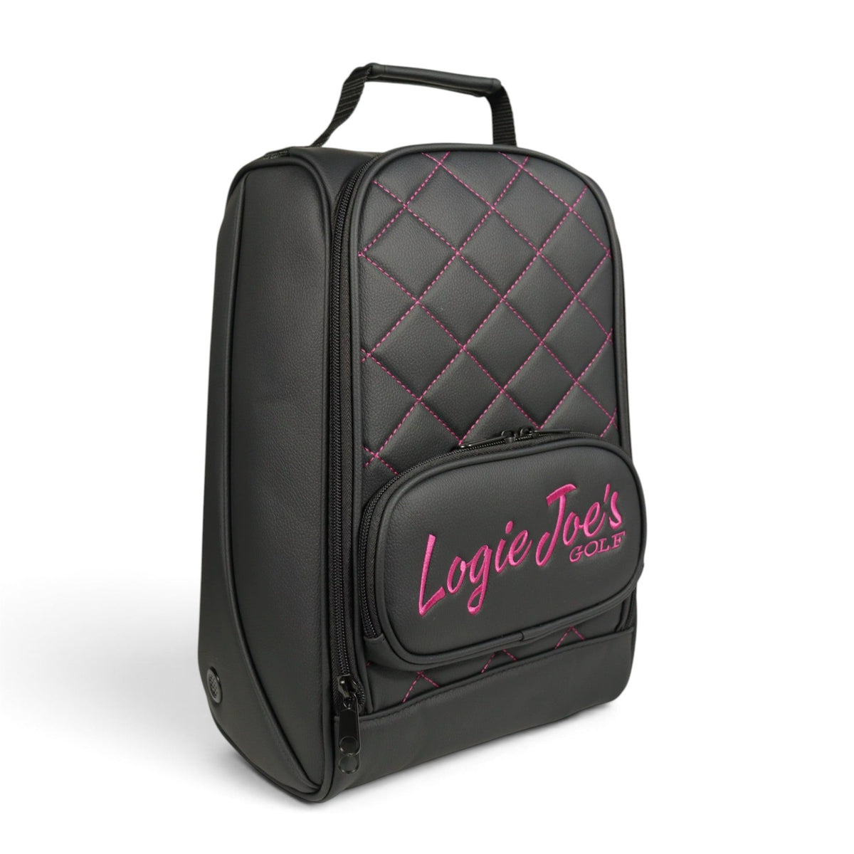 Black/Pink Golf Shoe Bag | Premium PU Leather Golf Shoe Organizer | Quilted Travel Shoe Case with Accessory Pocket, Carry Handle & Ventilation