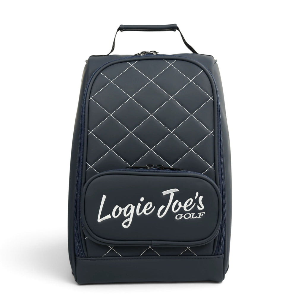 Navy/White Golf Shoe Bag | Premium PU Leather Golf Shoe Organizer | Quilted Travel Shoe Case with Accessory Pocket, Carry Handle & Ventilation