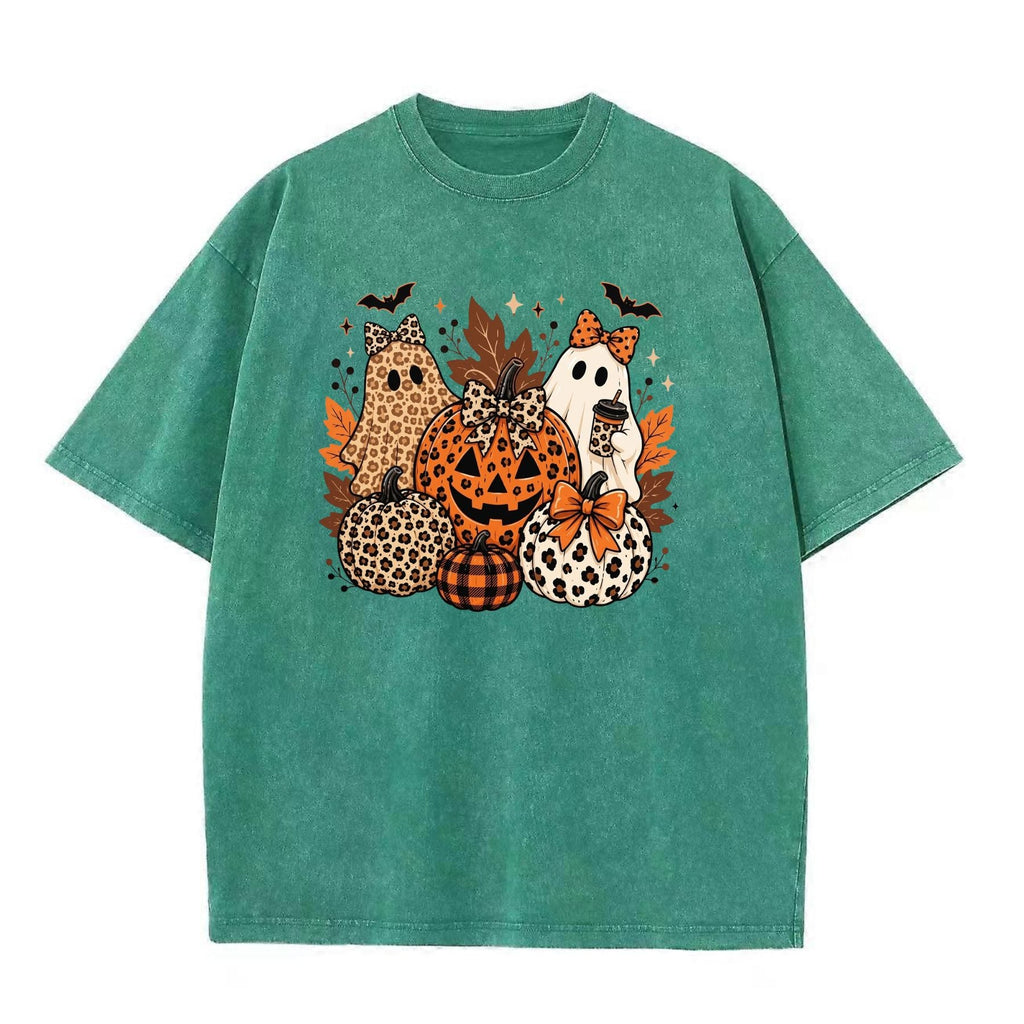 Leopard Bow Ghost Pumpkin Fall Halloween Graphic Washed Shirt – Retro Spooky Season Coquette Tee, Vintage Mineral Wash Lightweight Cotton Unisex Top
