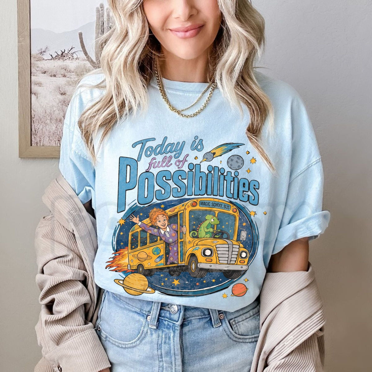 Magic School Bus Miss Frizzle Inspired 90's Vintage Graphic T-Shirt – Nostalgic Teacher Cartoon Tee