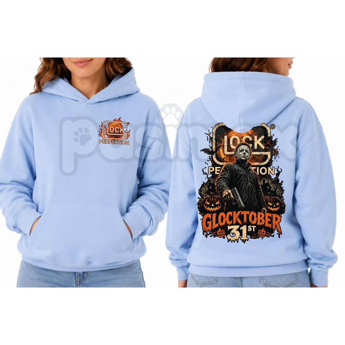 Michael Myers Glocktober 31st Double-Sided Graphic Hoodie – Halloween Horror Tactical Slasher Pullover, Spooky Season Gun Humor Sweatshirt, Unisex Heavy Blend