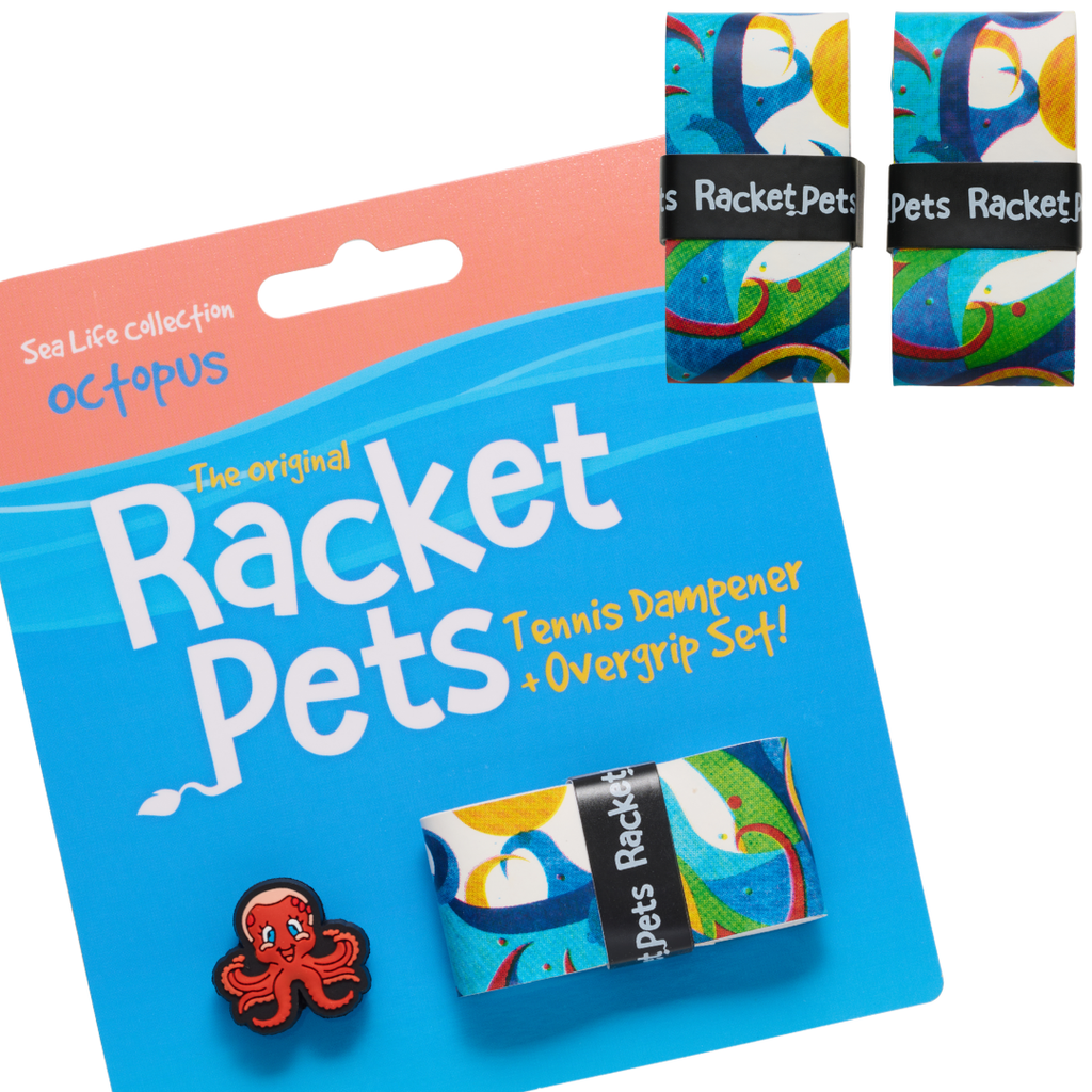 VALUE PACK - A Orange Octopus Racket Pet Tennis Dampener and Blue Overgrip Tape with a (Pack of 2) Replacement Overgrip Tape