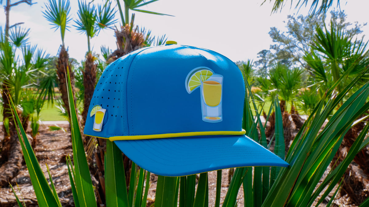 Tequila and Lime Golf Hat | Snapback Cap | Built-in Magnetic Ball Marker Holder + Marker Included | Adjustable | Shot Glass