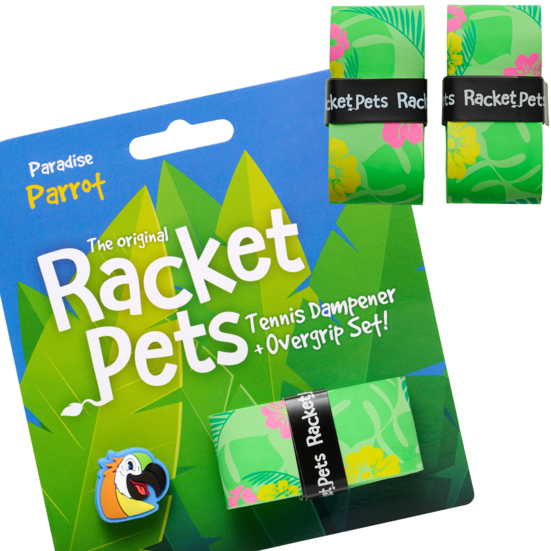 VALUE PACK - A Green Parrot Racket Pet Tennis Dampener and Green Overgrip Tape with a (Pack of 2) Replacement Overgrip Tape (Copy)