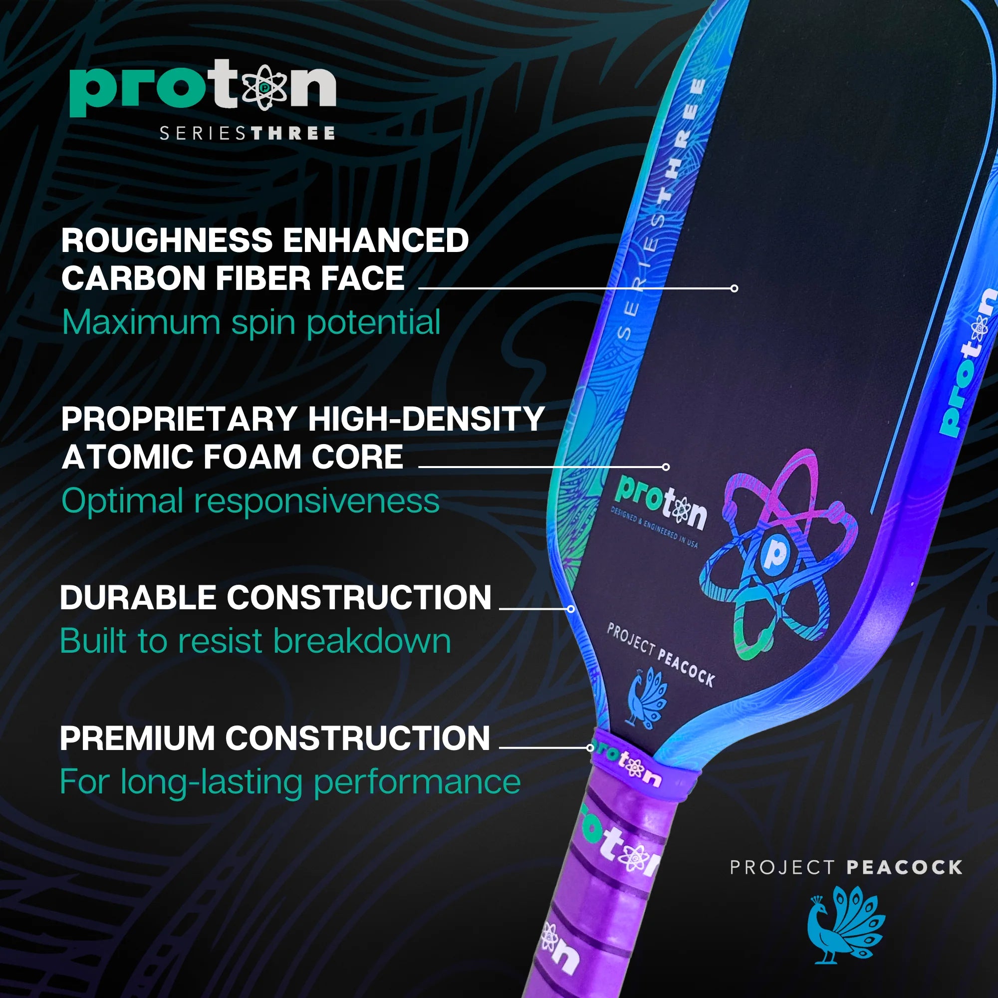 Proton Project Peacock 15mm Elongated Black/Jade/Plum Pickleball Paddle