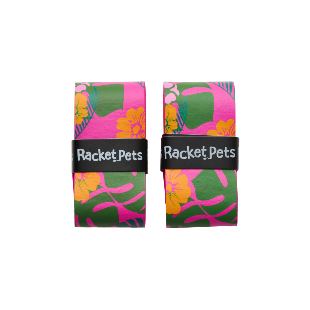 VALUE PACK - A Pink Flamingo Racket Pet Tennis Dampener and Pink Overgrip Tape with a (Pack of 2) Replacement Overgrip Tape