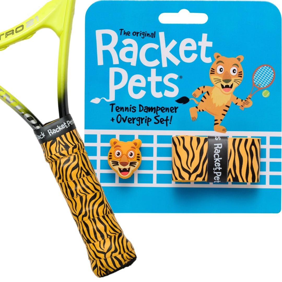 Tiger Orange Tennis Overgrip Tape and Matching Shock Absorbing Dampener for Tennis Racket