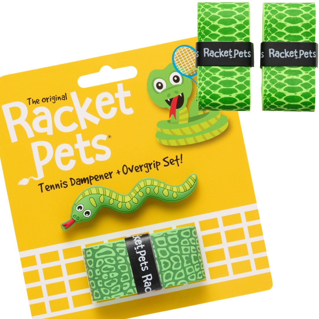 VALUE PACK - A Green Snake Racket Pet Tennis Dampener and Overgrip Tape with a (Pack of 2) Replacement Overgrip Tape