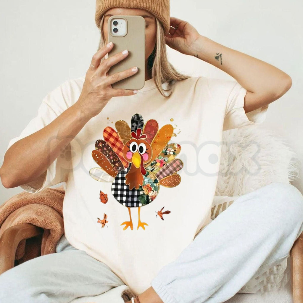 Thanksgiving Patchwork Turkey Shirt – Cute Quilted Fall Holiday Family Graphic Tee