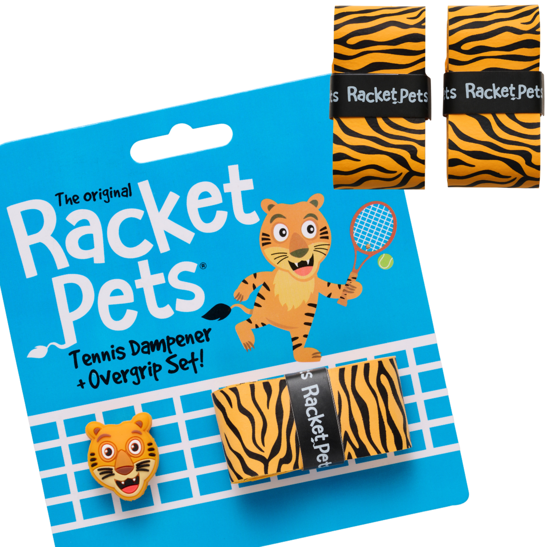 VALUE PACK - A Yellow Tiger Racket Pet Tennis Dampener and Overgrip Tape with a (Pack of 2) Replacement Overgrip Tape