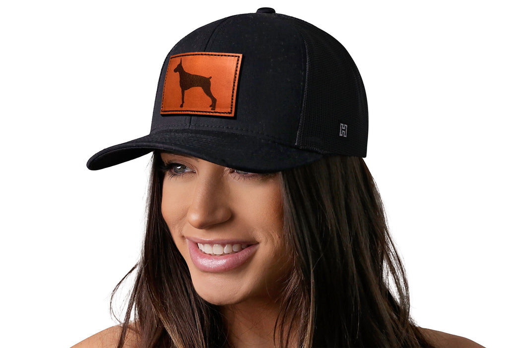 Doberman Trucker Hat Leather  |  Black Dog Snapback