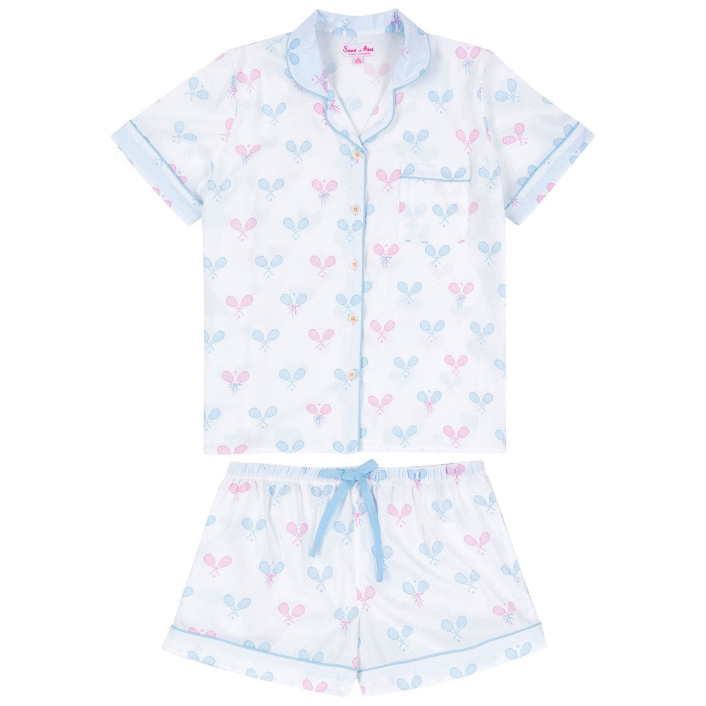 Women's Tennis Bows Short PJ Set - Blue Pink Organic Cotton Poplin