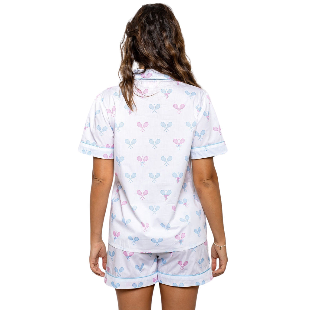 Women's Tennis Bows Short PJ Set - Blue Pink Organic Cotton Poplin