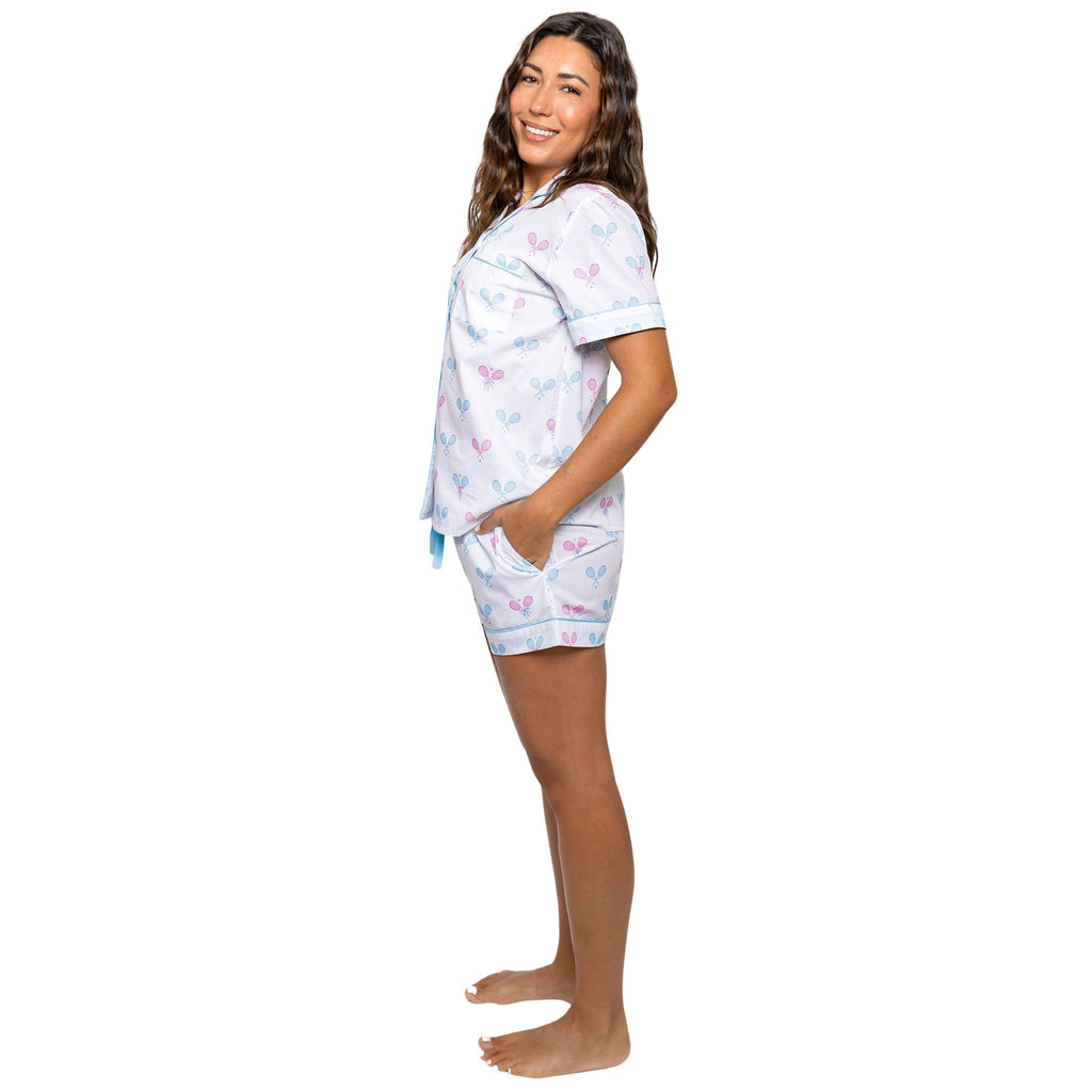 Women's Tennis Bows Short PJ Set - Blue Pink Organic Cotton Poplin