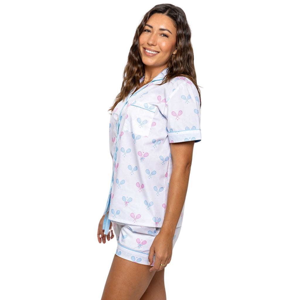Women's Tennis Bows Short PJ Set - Blue Pink Organic Cotton Poplin