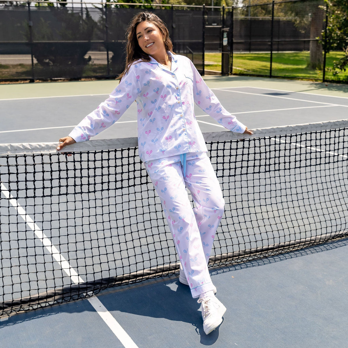 Women's Tennis Bows Long PJ Set - Blue Pink Organic Cotton Poplin