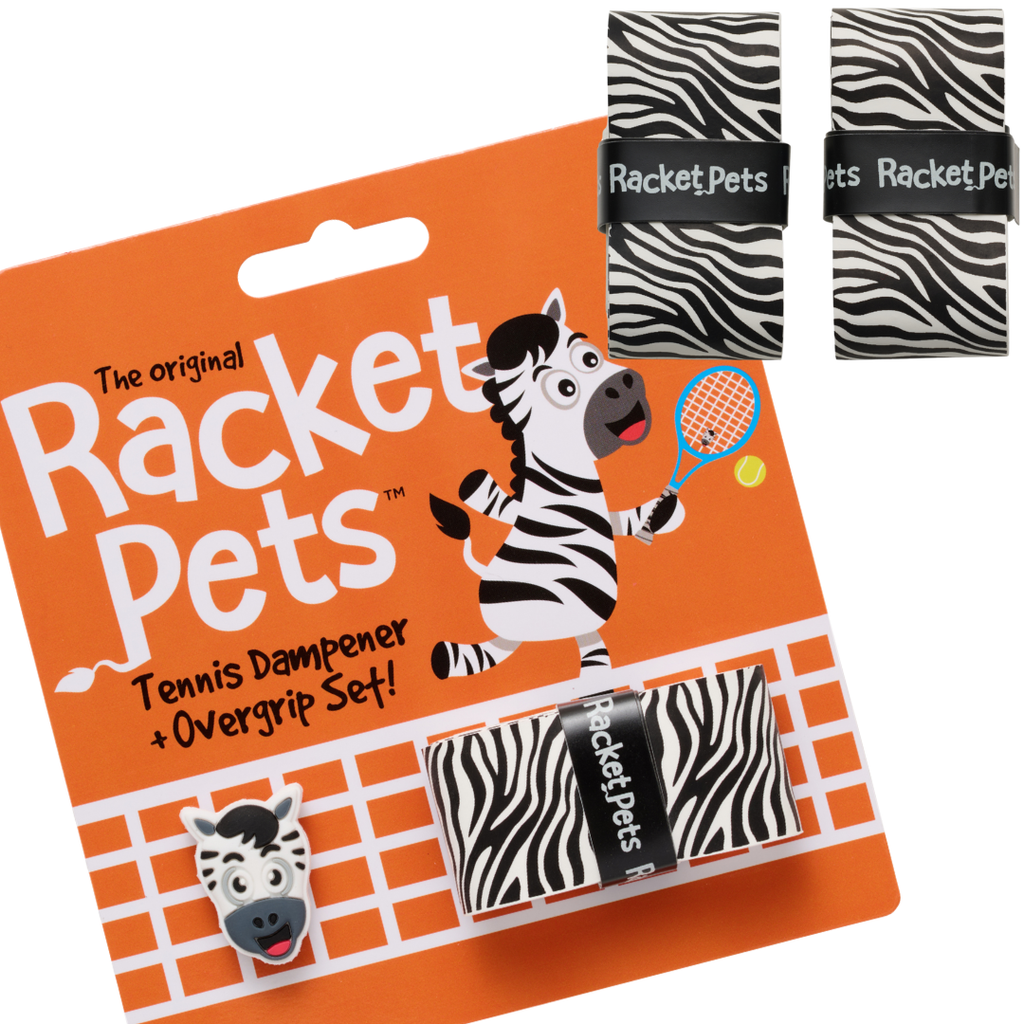 VALUE PACK - A Black and White Zebra Racket Pet Tennis Dampener and Overgrip Tape with a (Pack of 2) Replacement Overgrip Tape
