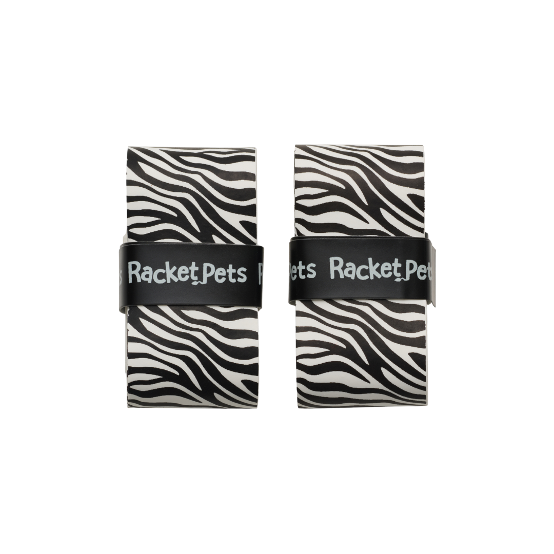 VALUE PACK - A Black and White Zebra Racket Pet Tennis Dampener and Overgrip Tape with a (Pack of 2) Replacement Overgrip Tape