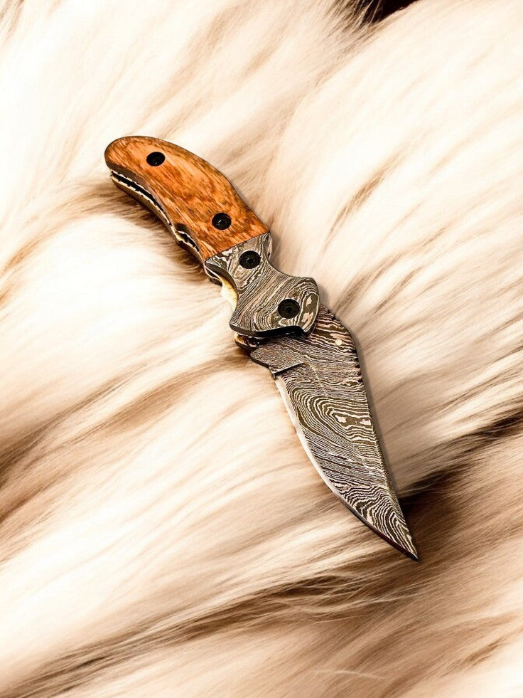 Custom Handmade Damascus Steel Pocket Knife with Olive Wood Handle