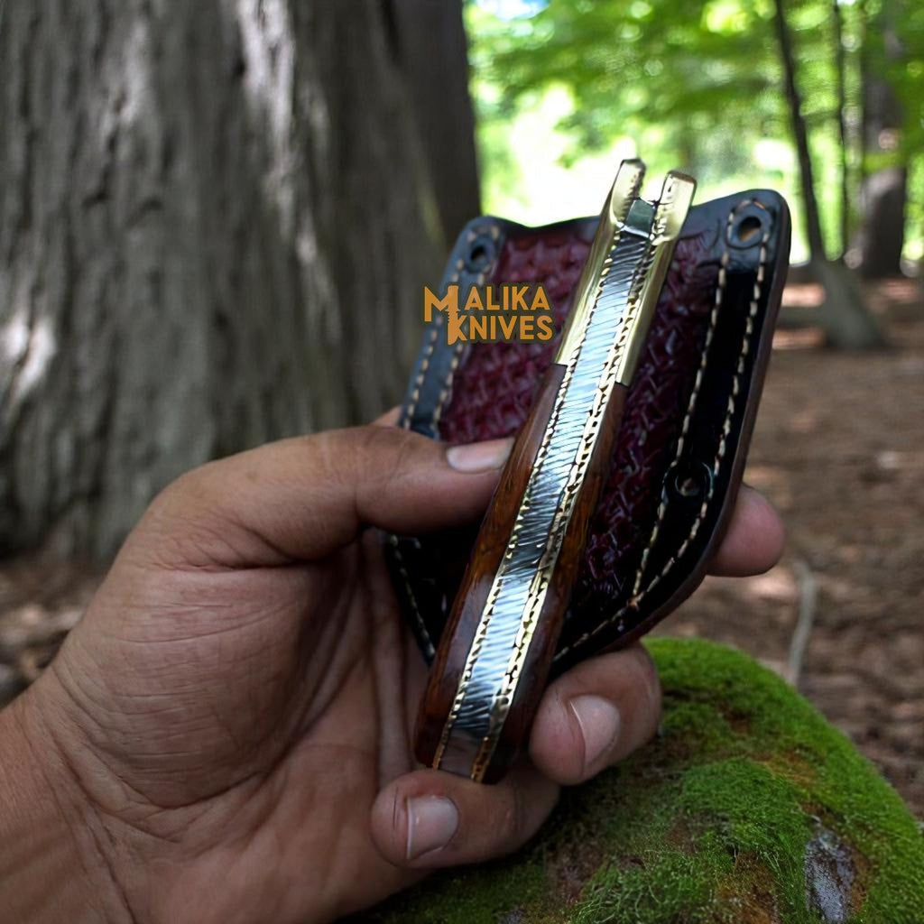 Hand-Engraved Damascus Steel Folding Knife – Custom EDC with Engraved Wood Handle-8010