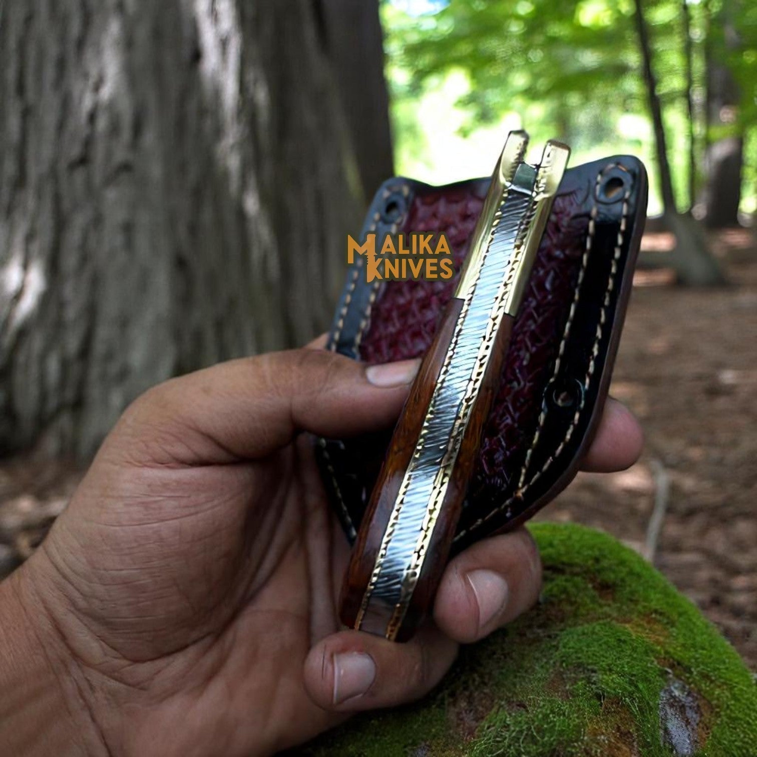 Hand-Engraved Damascus Steel Folding Knife – Custom EDC with Engraved Wood Handle-8010