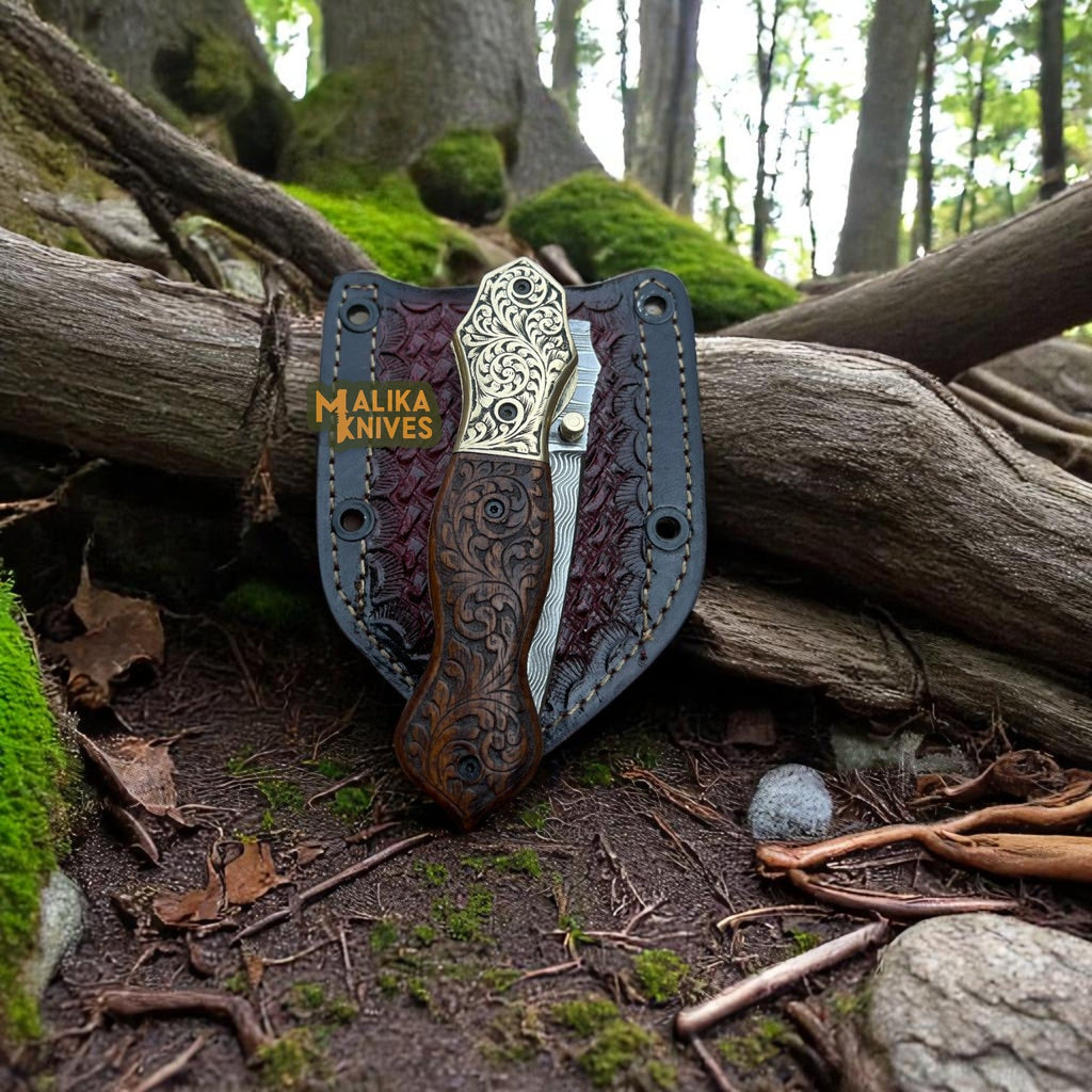 Hand-Engraved Damascus Steel Folding Knife – Custom EDC with Engraved Wood Handle-8010