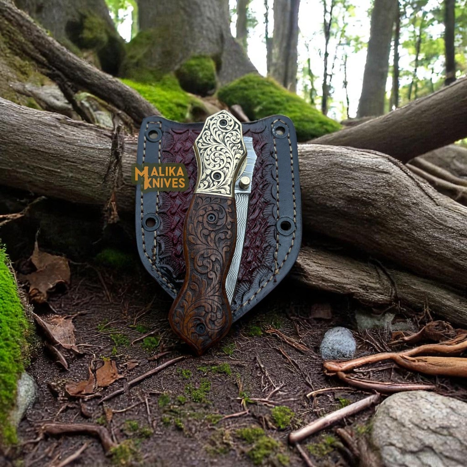 Hand-Engraved Damascus Steel Folding Knife – Custom EDC with Engraved Wood Handle-8010