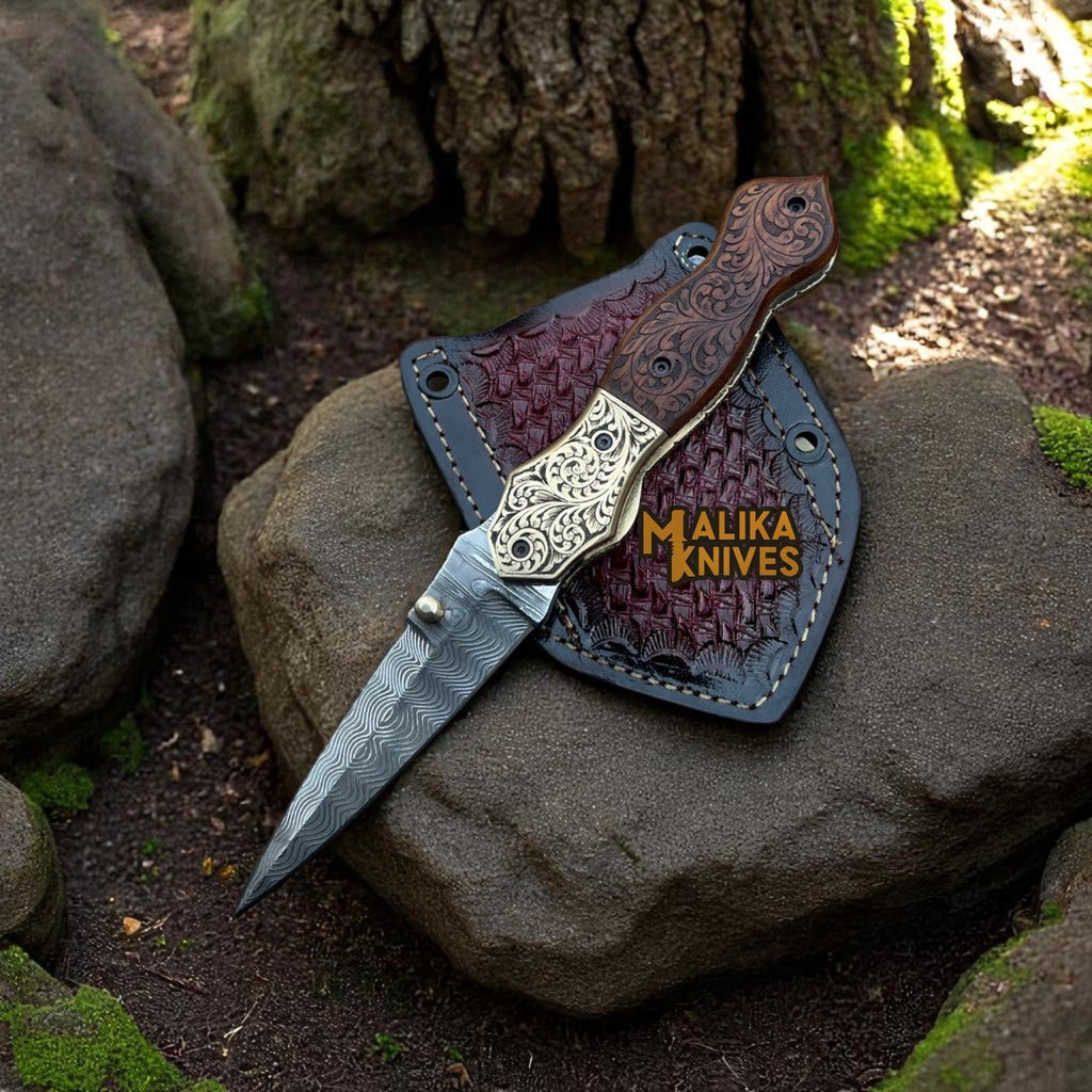 Hand-Engraved Damascus Steel Folding Knife – Custom EDC with Engraved Wood Handle-8010