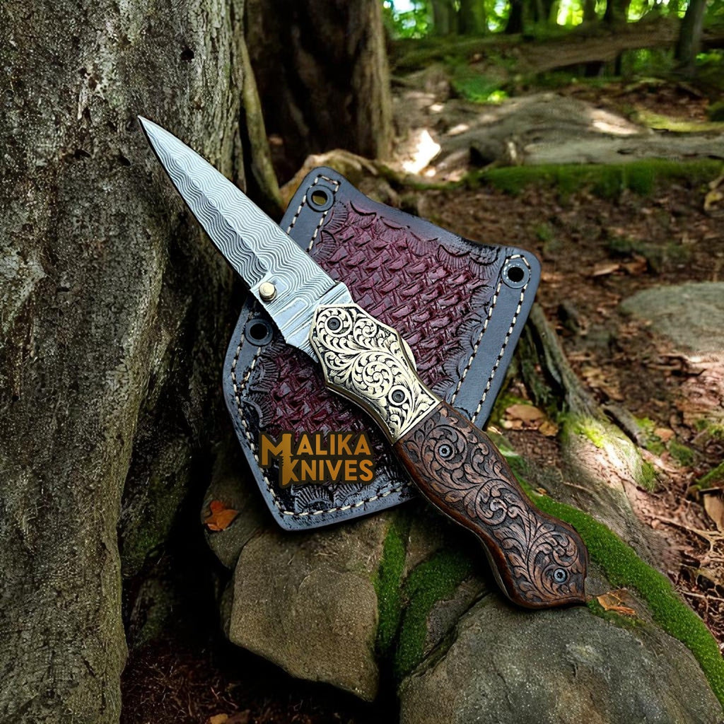 Hand-Engraved Damascus Steel Folding Knife – Custom EDC with Engraved Wood Handle-8010