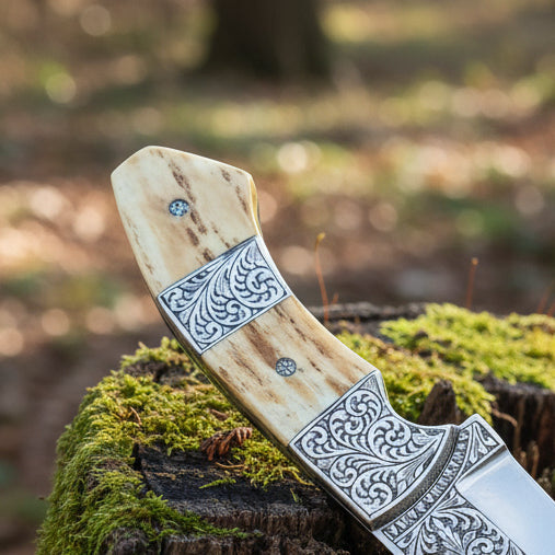 D2 Hunting Knife Antler Handle Engraved Blade