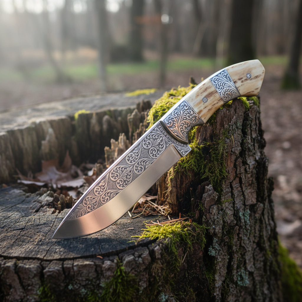 D2 Hunting Knife Antler Handle Engraved Blade