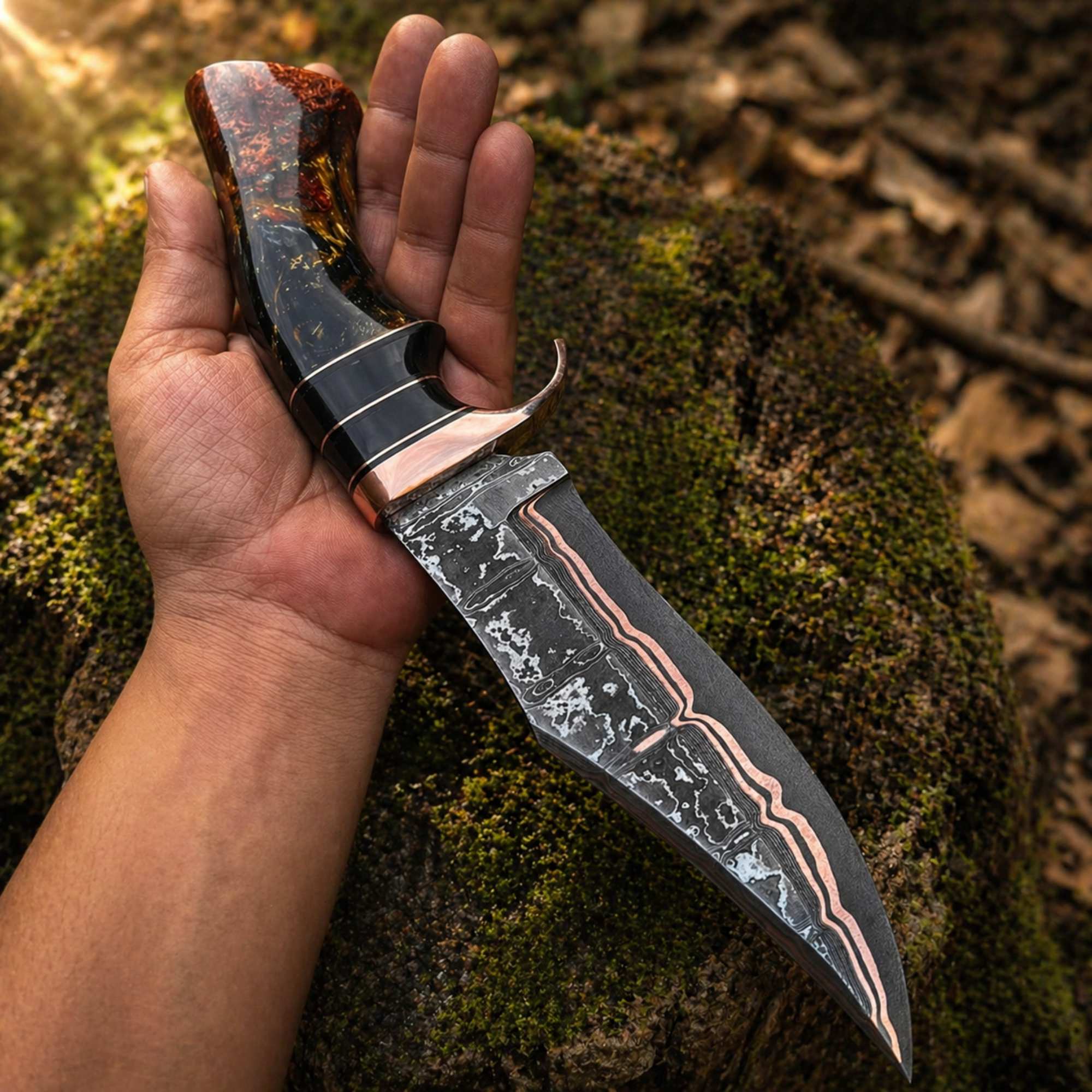 Copper Damascus Bowie Knife Handmade Copper Guard