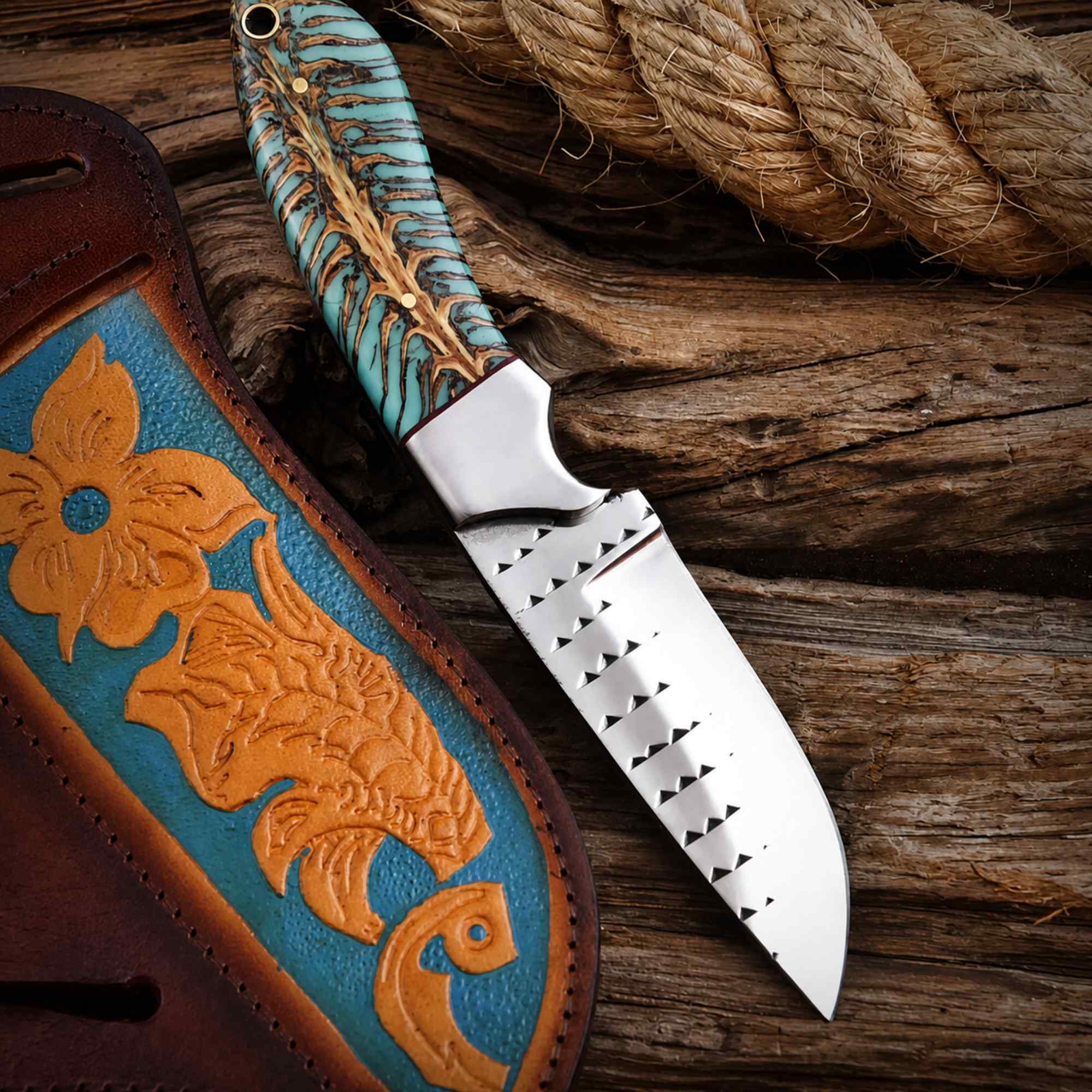 Cowboy Hunting Knife Rasp Steel Pinecone Handle