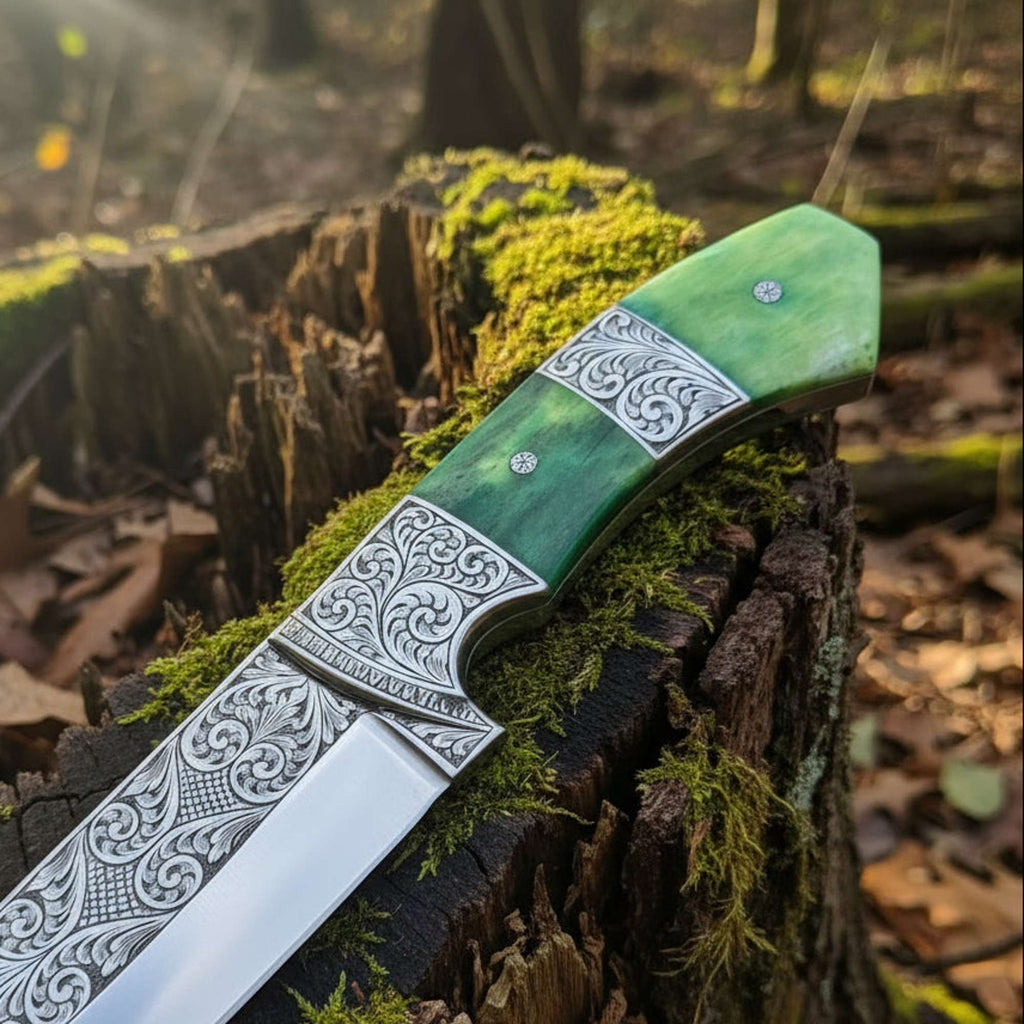 Hand Engraved D2 Hunting Knife | Camel Bone Handle