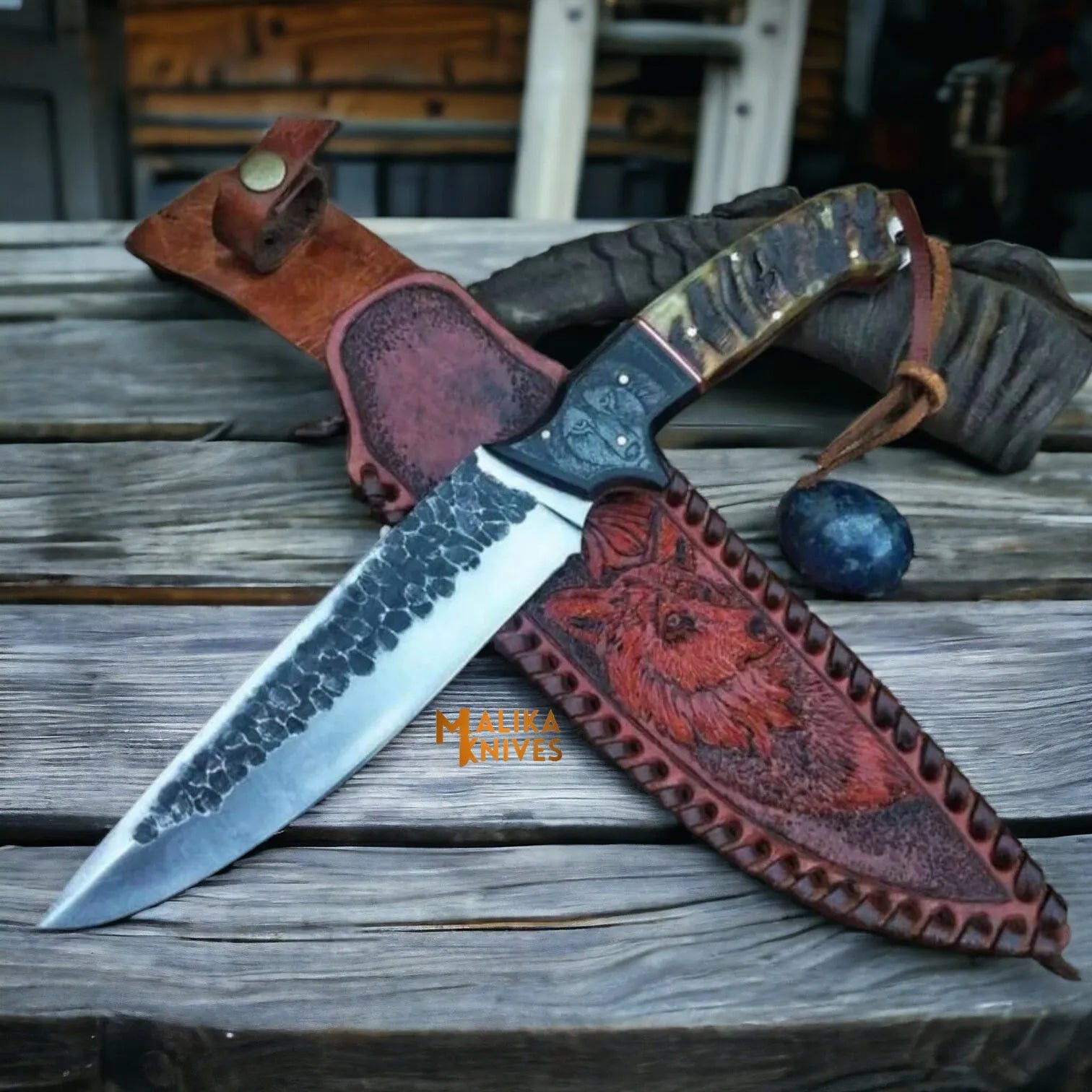 Hand Forged D2 Hunting Knife Bull Horn Handle