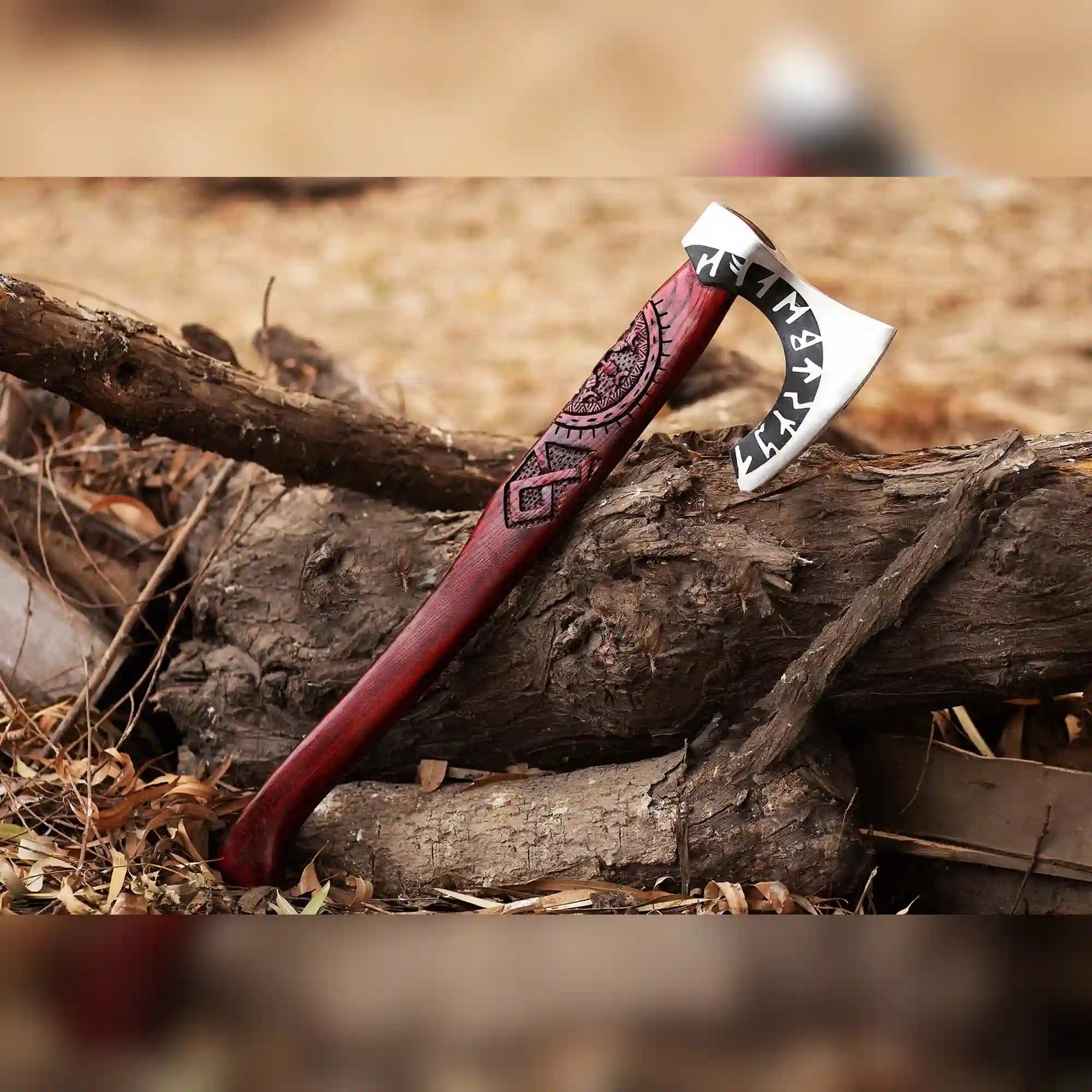 Runic Viking Axe – Hand-Forged 1075 Steel Bearded Axe with Long Ash Handle