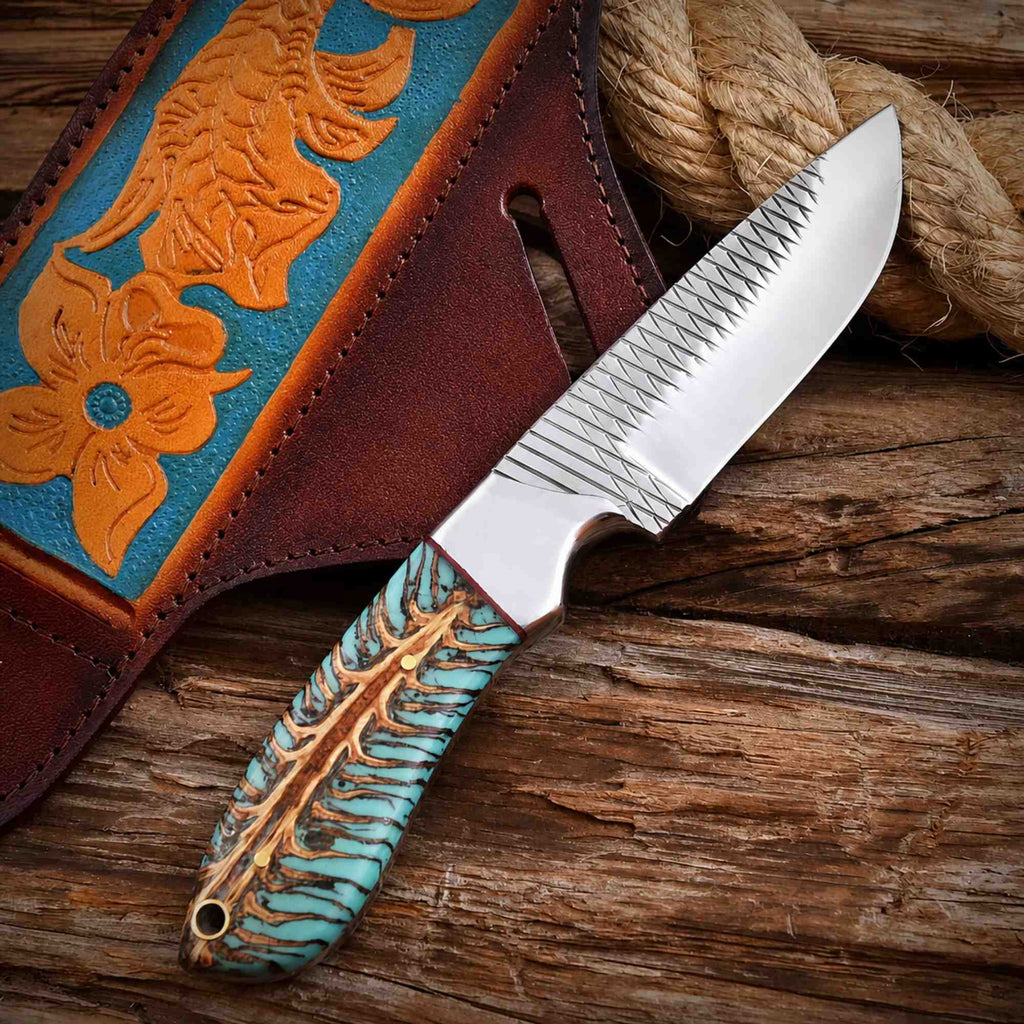 Cowboy Hunting Knife Rasp Steel Pinecone Handle
